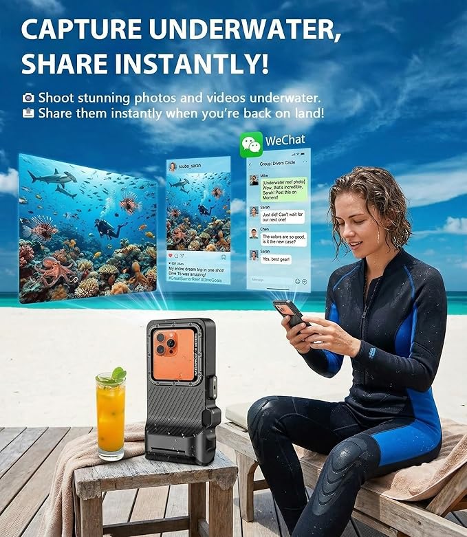 Diving Phone Case for iPhone 17 16 15 14 13 Pro Max Galaxy S25 S24 S23 Ultra, 50ft/15m Professional Waterproof Underwater Case with Real Touchscreen, Universal Camera Housing for Snorkeling (Black)
