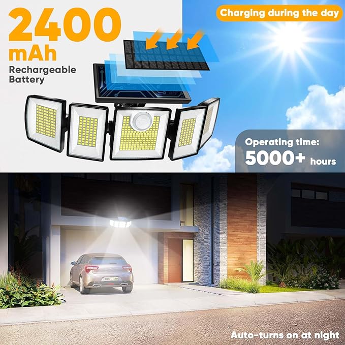 MDCMDCM Outdoor Solar Light Motion Sensor Waterproof - 3000 Lumens 3 Modes 416 LEDs 32ft 2400mAh 5 Heads Security Lights Flood Lights with Remote for Patio Yard Pool Outside （Wireless, 1p）