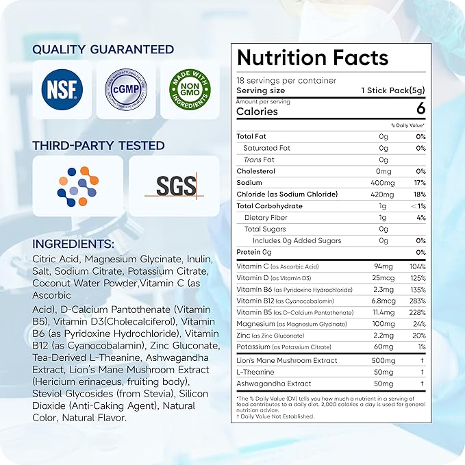 Hydration Electrolyte Powder 18 Packs – Sugar Free Liquid Daily IV Drink Mix | 1,000mg Total of 5 Electrolytes, 5 Vitamins | Ashwagandha, L-Theanine | Non-GMO (Lemon Lime)
