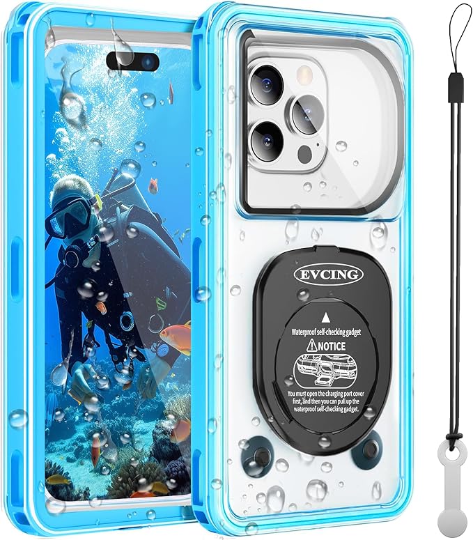 Waterproof Phone Case, Underwater Phone Cases for Snorkeling, IPX8 Diving Case, 360 Full Body Protection for iPhone 16 Pro Max/15/14/Galaxy S24, Up to 6.9 Inch, Beach Cruise Essentials (Blue)