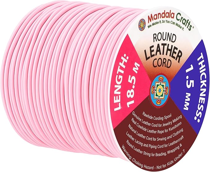 Mandala Crafts Round Genuine Pink Leather Cord for Jewelry Making – 1.5mm Cowhide Leather Rope String Lace for Kumihimo – 20 Yards Cowhide Craft Cording Spool