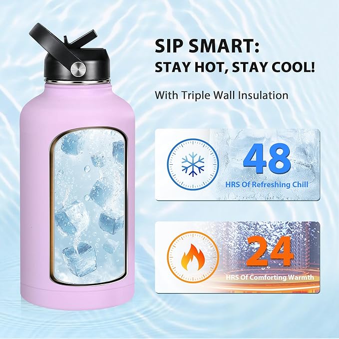 Insulated Water Bottle 64 oz, Triple Wall Vacuum Stainless Steel Water Bottles (Cold for 48 Hrs), Leak Proof & Non-BPA, Half Gallon Water Flask Jug Wide Mouth Straw Lid & Spout Lid