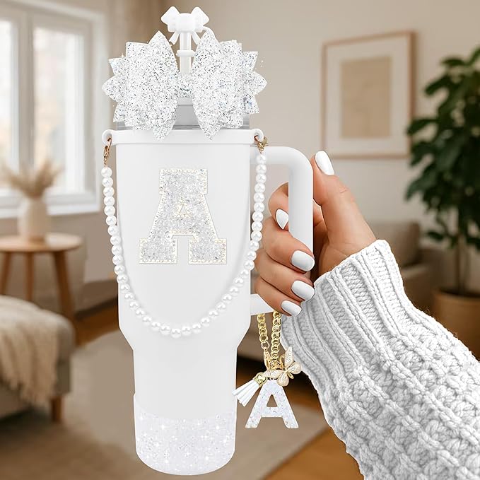 9PCS White for Stanley Cup Accessories Set Bling Initials Bow Charms for Stanley Decorations 30/40 Oz Tumbler Accessories Including Bow Straw Topper, Handle Strap, Spill Stopper（Letter A）