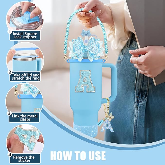9PCS Blue for Stanley Cup Accessories Set Bling Initials Bow Charms for Stanley Decorations 30/40 Oz Tumbler Accessories Including Bow Straw Topper, Handle Strap, Spill Stopper（Letter S）