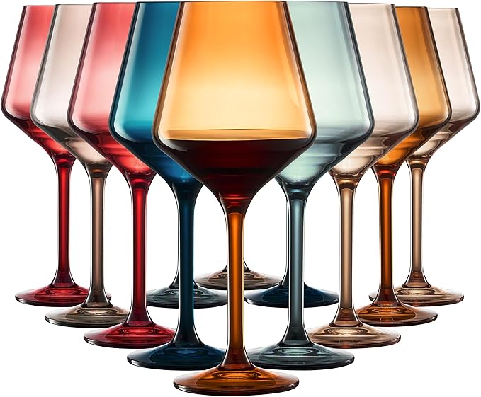 European Style Plastic Crystal Unbreakable Stemmed Wine Glasses | Set of 12 | Acrylic Glasses Tritan Pastel Color Shatterproof BPA-free, Outdoor, Pool, Indoor, Hand Wash 17oz Gift, Everyday & Holiday