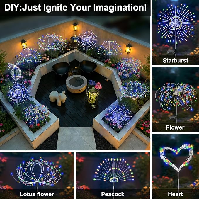 Solar Garden Lights Outdoor, 4 Pack 120 LED Twinkling Firework Lights Decorative with 2 Modes, Outdoor Waterproof Solar Starburst Light for Yard Pathway Planter Patio Decor, Multicolor