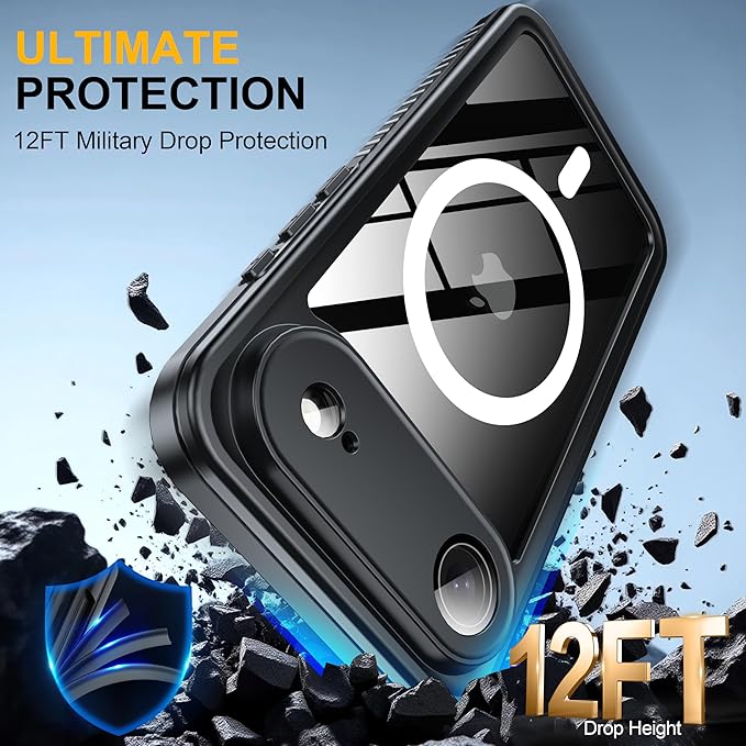 ANTSHARE for iPhone Air Case, Compatible with Magsafe, IP68 Waterproof Case, [Built-in Screen Protector] - 12 FT Military Dropproof - Full Body Heavy Duty Rugged Phone Cover - Black/Clear