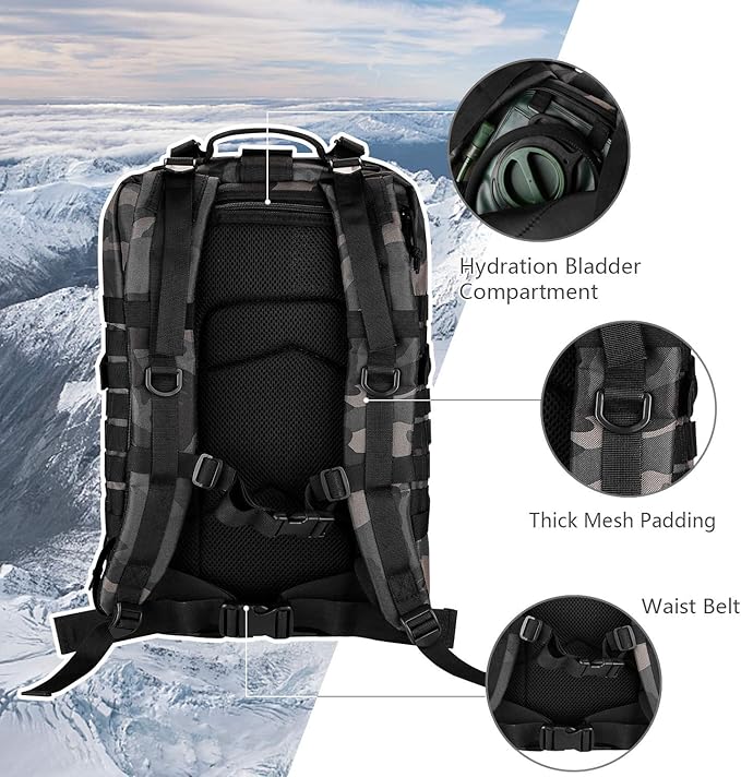 Hannibal Tactical MOLLE Assault Pack, Tactical Backpack Military Army Camping Rucksack, 3-Day Pack Trip w/USA Flag Patch, D-Rings, Black Camo