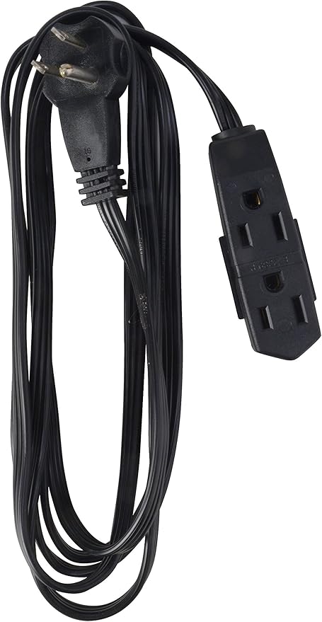 Woods 2243 16/3 Flat Indoor Extension Cord, 8-Foot, 3 Grounded Outlets, Right Angled Plug, Space Saving Design, UL Listed, Black