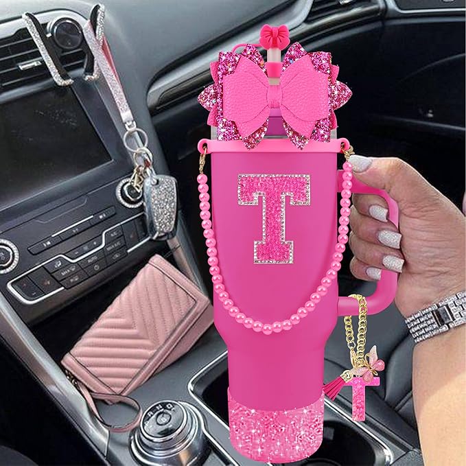9PCS Hot Pink for Stanley Cup Accessories Set Bling Initials Bow Charms for Stanley Decorations 30/40 Oz Tumbler Accessories Including Bow Straw Topper, Handle Strap, Spill Stopper（Letter T）