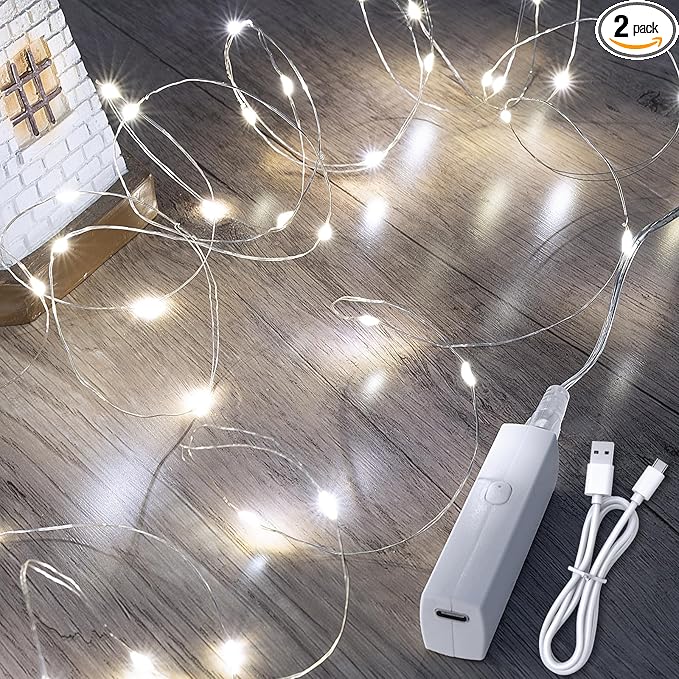 Lakumu 32FT(16 * 2) Fairy Lights Battery Operated, Rechargeable String Lights with Timer, LED Twinkle Lights for Bedroom, Christmas Decorations, Wedding, Vine, Centerpiece Table Decor Cool White