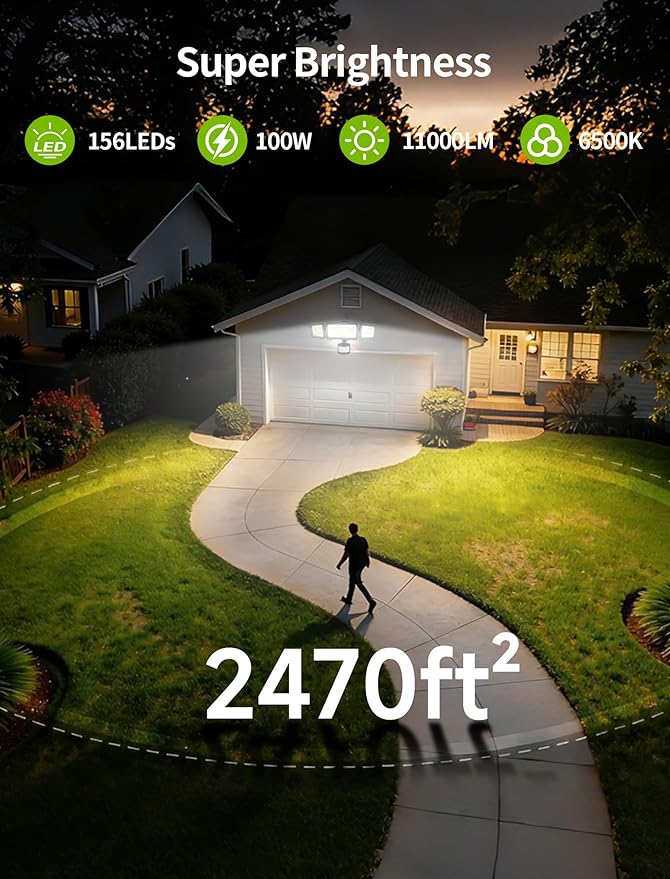 100W LED Security Lights, 11000LM Hardwired Flood Lights with Remote Control, Motion Sensor Outdoor Lights, 3 Adjustable Heads, IP66 Waterproof, Dusk to Dawn Outdoor Lighting for Yard Garage
