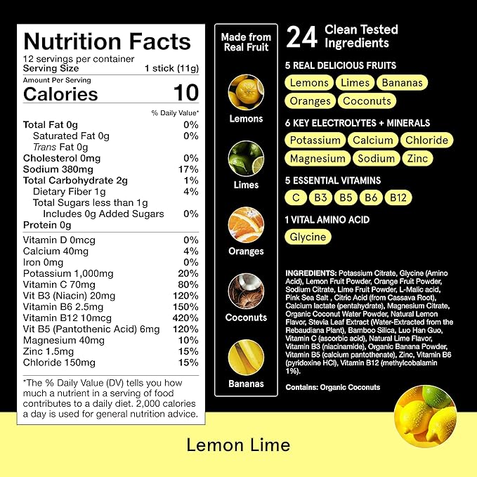 DryWater Electrolyte Powder Packets, Lemon Lime - Hydration Packets Drink Mix with Zero Added Sugar for Rehydration & Energy - 6 Key Electrolytes, 5 Essential Vitamins & 5 Real Fruits - 12 Pack