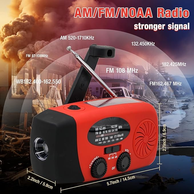 2000MAH Emergency Hand Crank Radio, Portable Survival Solar Radio AM FM NOAA Weather Radio with Earphone Jack SOS Alarm 4 Modes LED Flashlight, Portable Phone Charger Type-C charger for Camping Hiking