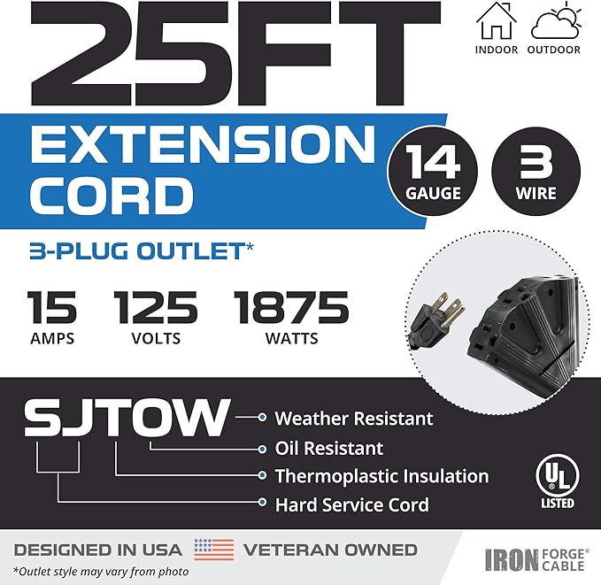 Iron Forge Cable 14 Gauge Outdoor Extension Cord 25 Ft with 3 Power Outlets, SJTOW 14/3 Heavy Duty Outdoor Black Extension Cord 3 Prong, Oil Resistant & Flame Retardant