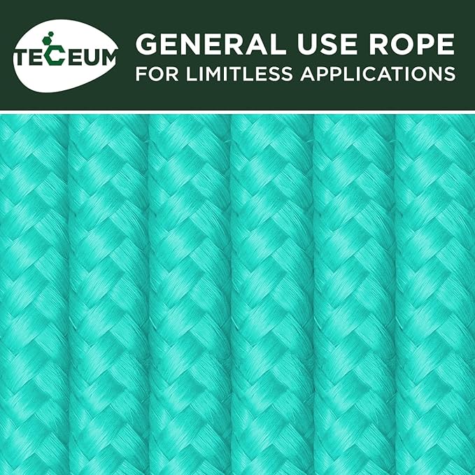 TECEUM Rope – 90 Feet x 1/4 Inch (7mm) – Green Wave – Strong All-Purpose Utility Rope – Camping, Crafting, Flag Pole, Indoor & Outdoor – Polypropylene Nylon Poly Lightweight Diamond Braided Cord