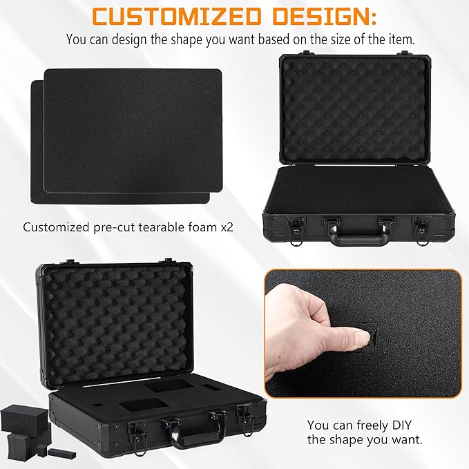 17 Inch Aluminum Carrying Case 17 X 12 X 6 Inch Ideal for Microphone & Camera Gear Transportation, DJ Mixer Case with Customizable Pre-Diced Foam, Black