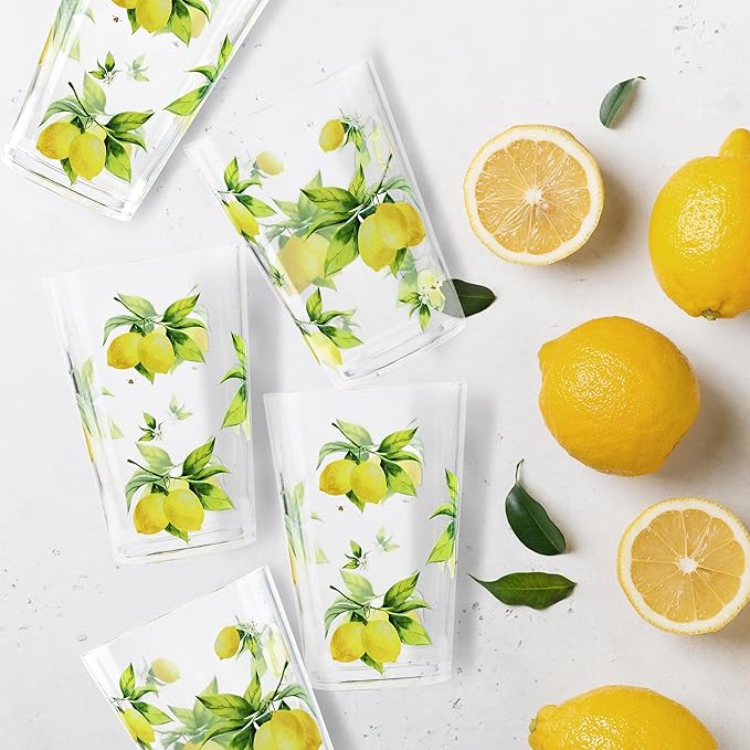 Calypso Basics Fresh Lemons, by Reston Lloyd, 8oz Acrylic Juice Drinkware, Set of 6, white, lemon, green