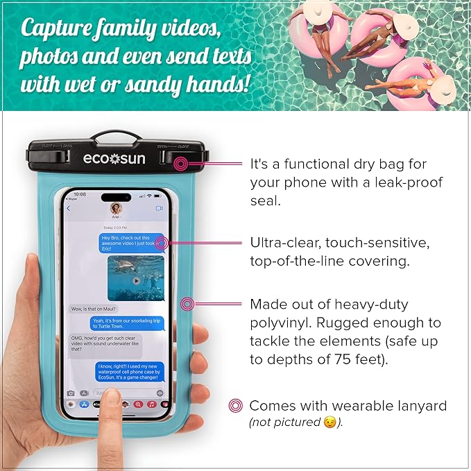 Eco Sun Waterproof Phone Pouch & Floating Wrist Strap Bundle (2-Pack Each) – Waterproof Phone Case + Float Strap – Travel & Beach Essentials Designed in Hawaii – Fits iPhone 17 Pro Max, GoPro, Cameras