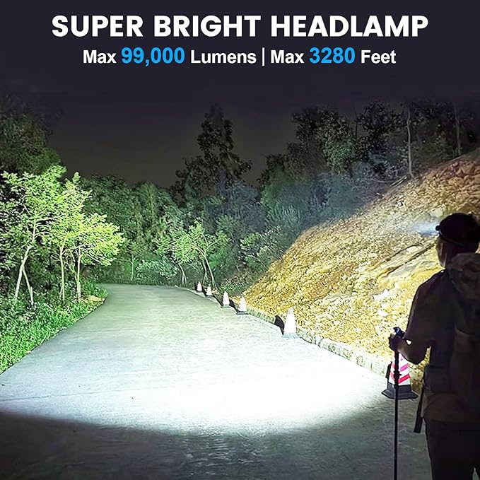 Kmivo 2-Pack Rechargeable LED Headlamps - 99,000 High Lumens Super Bright Head Light with 3 Modes, 90° Adjustable Tilt, IPX6 Waterproof for Camping, Hiking, Running & Outdoors