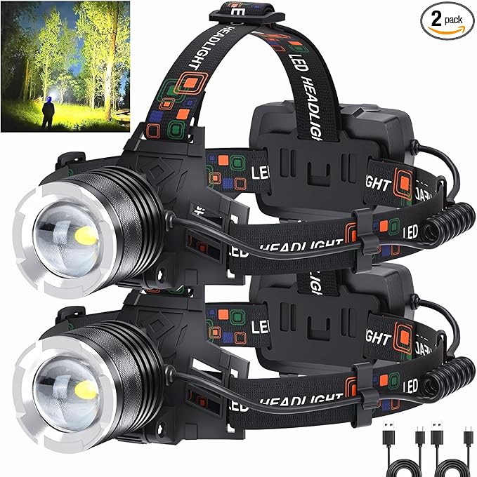 LED Rechargeable Headlamp 2 Pack, 99,000 Lumens Head Lamps (Include Βattery) Super Bright Long Distance Headlamps with 5 Mode Waterproof, 90° Adjustable Head Lights for Forehead Adults Outdoor Camping