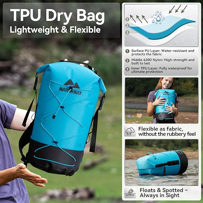 MARCHWAY Floating Roll Top Dry Bag, Flexible Lightweight TPU Waterproof Backpack 20L/30L/40L with Padded Straps for Boating, Kayaking, Swimming, Hiking, Beach (Blue, 20L)