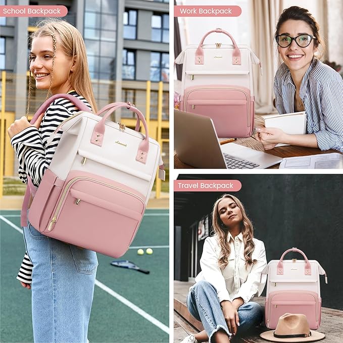 LOVEVOOK Leather Backpack for Women, 15.6 Inch Laptop Bag, Professional Work Tote for Nurse College Teacher, Computer Travel Purse, Beige White-Pink