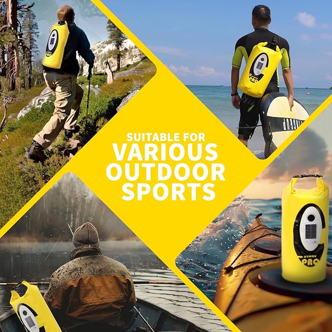 FELICON Solar/Battery Powered Multi-Functional Backpack with Bluetooth Speaker,IP66 Waterproof Dry Bag,Heavy Duty Roll Top Closure,Large Capacity Bag for Camping,Hiking,Traveling (Yellow 20L)