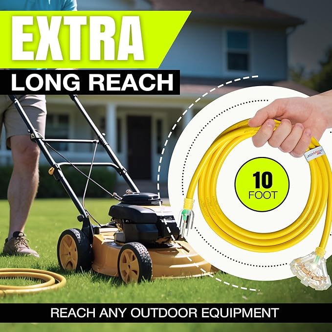 10ft Outdoor/Indoor Extension Cord 3-Outlet 12/3 Gauge Extra Heavy Duty 3 Prong SJTW, Waterproof, Flexible Cold-Resistant Long Power Cord,15A 125V 1875W, Yellow by LifeSupplyUSA