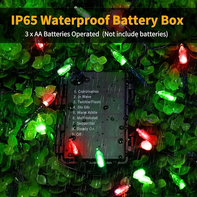 Brightown Battery Operated Christmas Lights 2 Pack 18 Feet 50 LED Clear Mini String Lights with 8 Modes Waterproof Tree Lights for Xmas Outdoor Indoor Holiday Party Garden Decor, Red & Green