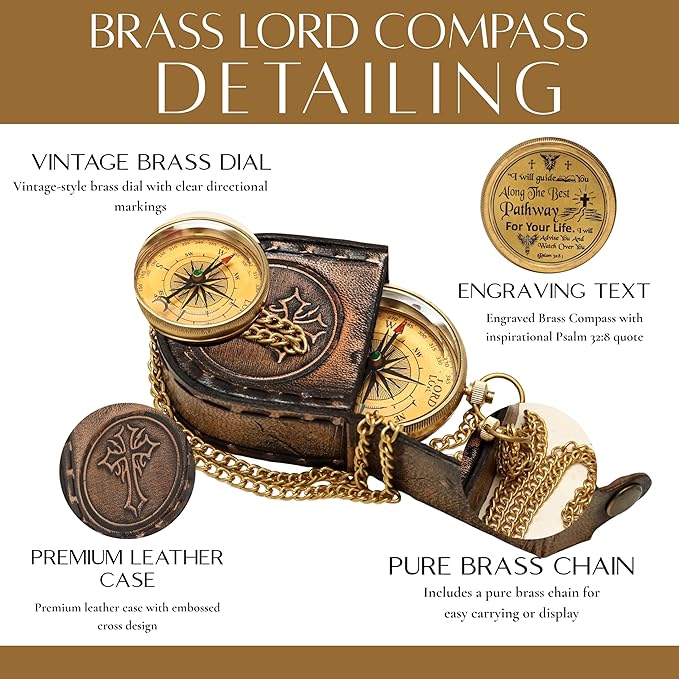 Handmade Brass Antique Compass with Leather Case – Vintage Finish Functional Pocket Navigation Tool for Travel, Hiking & Gift