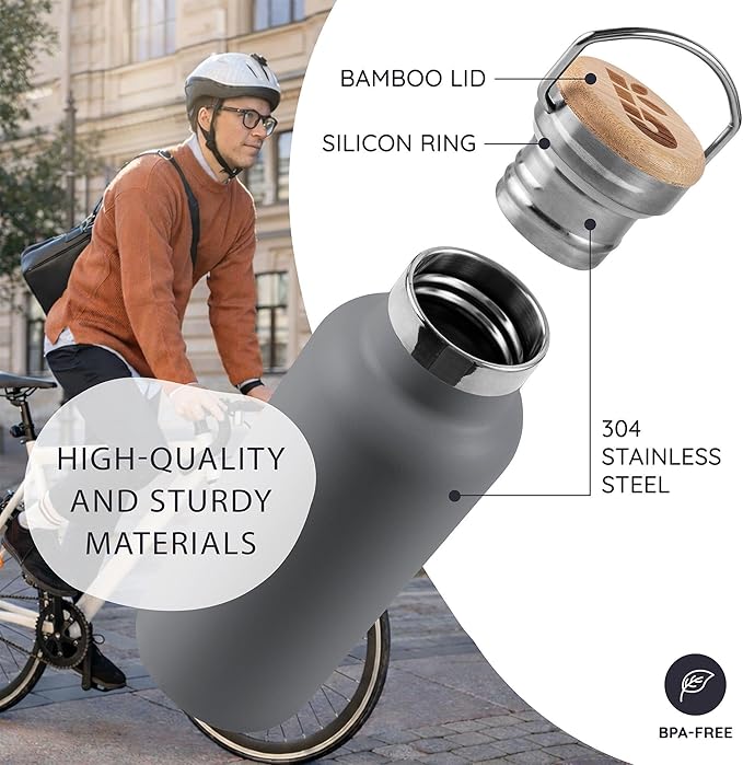 Bambaw Travel Water Bottle Stainless Steel 24 oz, Insulated Stainless Steel Water Bottle, Great for Travel & Work, Rust-Resistant, Wide Mouth Makes it Easy to Clean (Stormy Gray)
