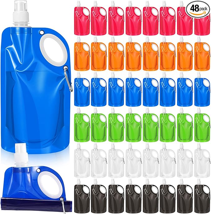 LemonRoad 22OZ Collapsible Water Bottles Bulk Foldable Water Bottles with Carabiner Reusable Drinking Bags Leak Proof Container Bag for Sports Biking Hiking Camping Outdoor Travel Emergency(48pcs)