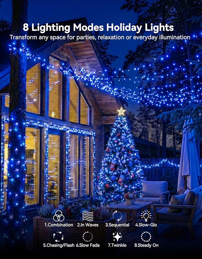LitHome 99FT 300 LED String Lights Outdoor Indoor, 8 Modes Waterproof Christmas String Lights with Timer & Memory Function, Outdoor Christmas Lights Green Wire for Xmas Tree Party Garden, Blue