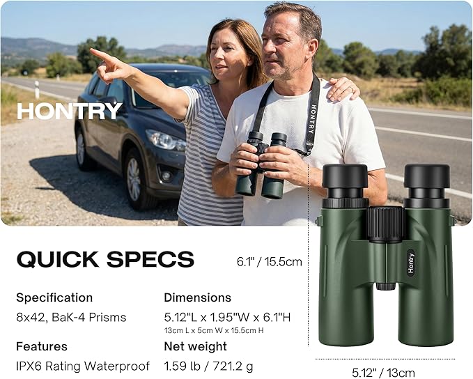 Hontry 8x42 Binoculars with IPX6 Waterproof Protection for Bird Watching, Hunting, Cruise Ship, Travel and Safari