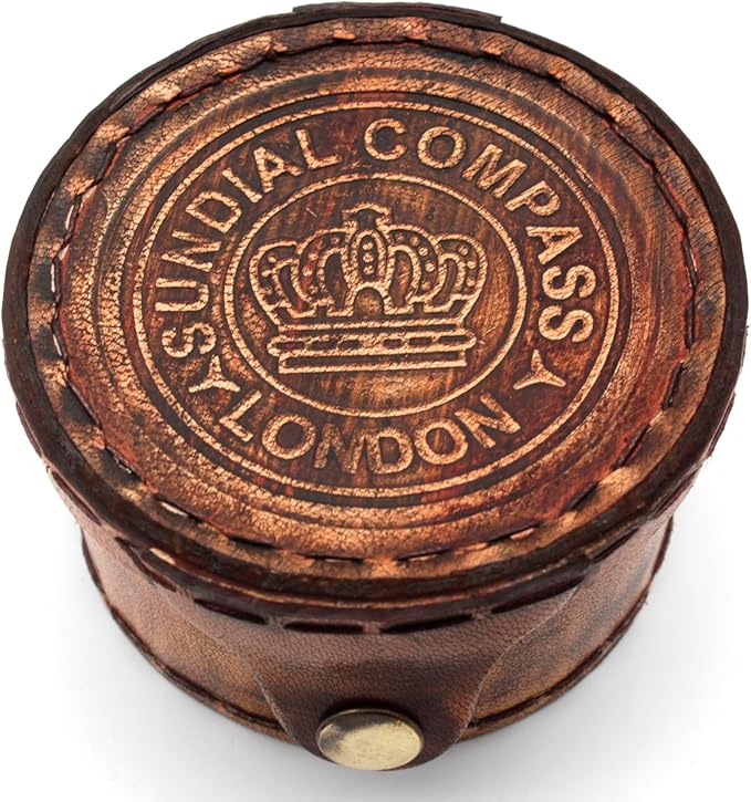 Vintage Brass Sundial Compass with Leather Case | Antique Marine Navigation Instrument & Engraved Calendar | Retro Pocket Compass for Outdoor Adventure, Collectors & Gifts