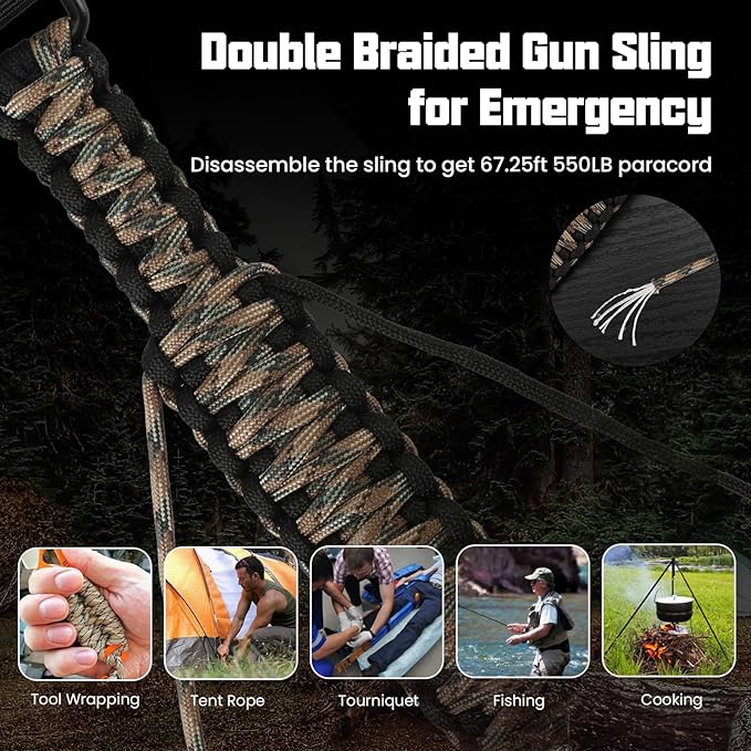 Double Braide 550LB Shotgun Sling 2 Point Paracord Rifle Sling,Non-Slip Traditional Adjustable Gun Sling for Hunting Shooting Camping