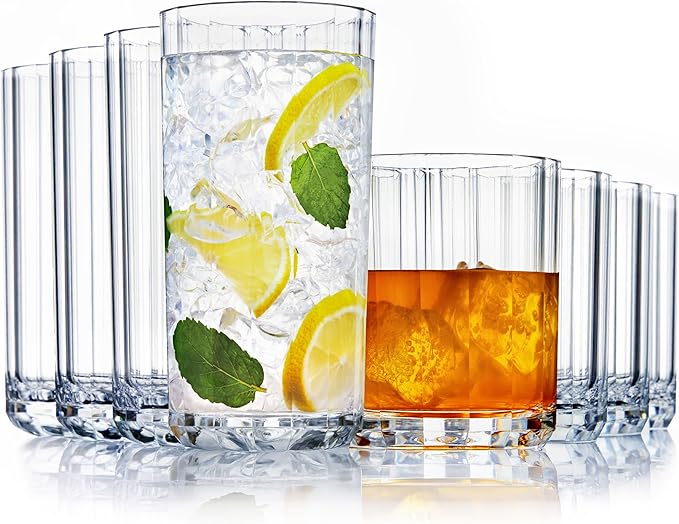 US Acrylic Faceted Clear Plastic Reusable Drinking Glasses (Set of 8) 14oz Rocks & 18oz Water Cups, BPA-Free Tumblers, Made in USA, Top-Rack Dishwasher Safe