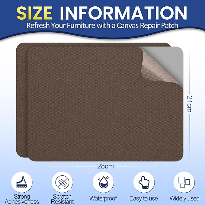 Self-Adhesive Canvas Repair Tape, 8.3" x 11" Waterproof Canvas Repair Patch, Fabric Patch Repairs Kit for Furniture, Tents, Sunbrellas, Boat Covers Awnings, Couches, Clothes, Bags Darker Brown