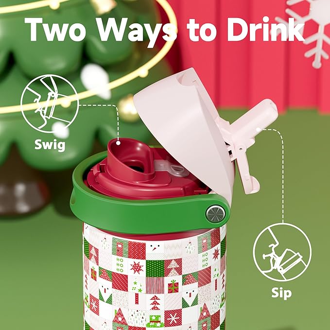 24 oz Insulated Water Bottle for Christmas: Meoky Stainless Steel Xmas Water Bottle with 2-in-1 Straw and Spout Lid - Leak Proof, Fits in Car Cup Holder, BPA-Free for Women Men, Santa Wishes
