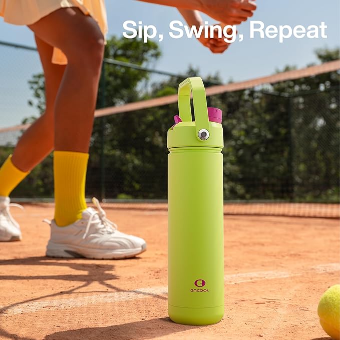 ENCOOL Insulated Water Bottle with Straw Stainless Steel Water Bottle, Leak-Proof, BPA-Free, Double Wall Vacuum Keeps Cold for 24 Hours for Sports, Travel, School (26 oz, Acid Green)