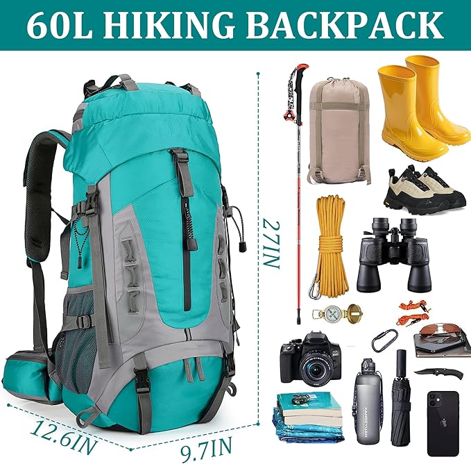 75L Hiking Backpack with Rain Cover Waterproof Camping Backpack Shoes Warehouse for Men Women, Frameless