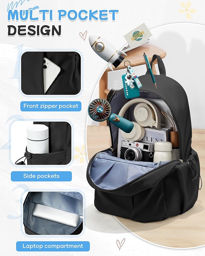 SEAFEW Black Backpack for School, High School Bookbag Back Pack for Teens Girls Boys, Lightweight College Backpack Bookbag for Women Men, Simple Casual Daypack Mochilas Escolares para Adolescentes
