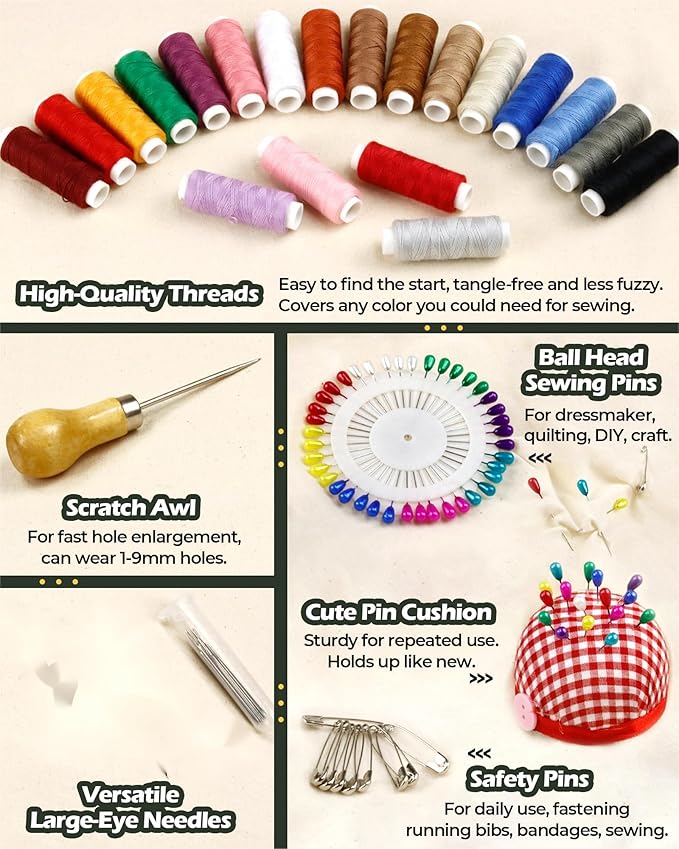 PLANTIONAL Heavy Duty Sewing Kit: 120pcs Needle and Thread Kit 20 Color with Large-Eye Sewing Needles, Awl, Clip, Sewing Supplies, Sewing Kit for Adults, Beginner, Upholstery Repair, Emergency, Travel