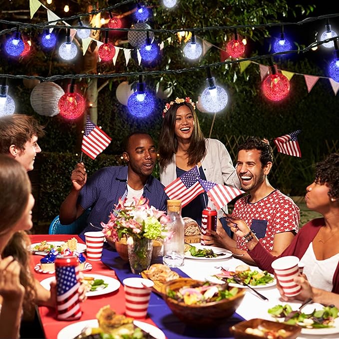 Joomer 4th of July Red White Blue Solar String Lights,39FT 60LED Waterproof with 8 Lighting Modes Patio Lights for Independence Day Garden Yard Gazebo Party