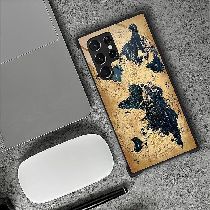 for Samsung Galaxy S22 Ultra Case, Brown World Map Pattern Graphic Design Girl Boy Soft Silicone Hard Acrylic Shock Protection for Samsung Galaxy S22 Ultra