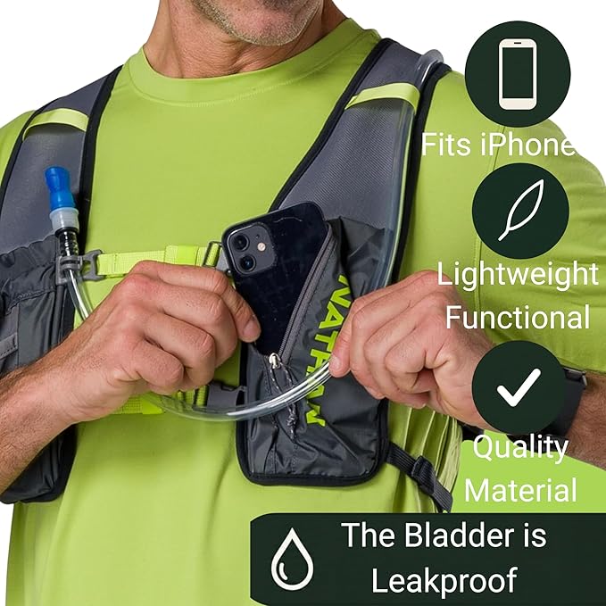 Nathan QuickStart Hydration Pack Vest with Bladder or flasks, Storage Pockets, Breathable Moisture-Wicking Fabric, Adjustable Straps for Running, Hiking, Walking, Marathons, Obstacle Races