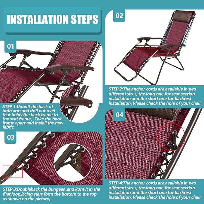 Queekay Chair Replacement Fabric with 4 Bungee Cord Lounge Chair Cloth Mesh Repair Kit for Patio Recliner Outdoor Lawn Pool(63 x 17 Inch,Wine Red)