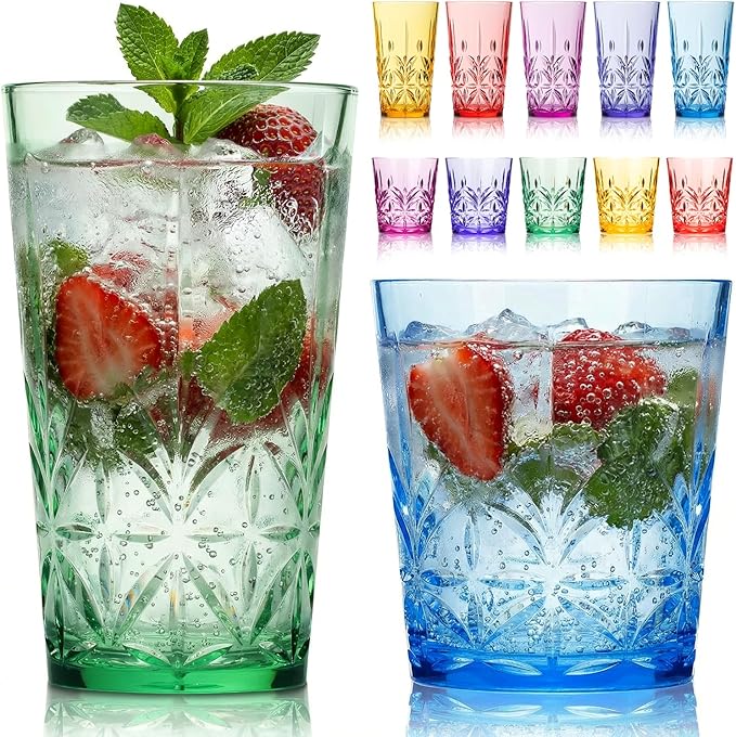 Bravario Royal Plastic Drinking Glasses, 13 and 18 oz Set of 12, Plastic Cups Reusable Dishwasher Safe, Premium Juice & Water Tumblers for Home Kitchen Pool Party, BPA-Free Durable Mixed Colors Gift