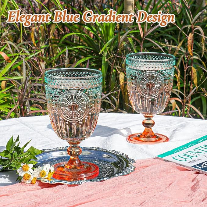 XUWAIDSGN 6Pcs Plastic Vintage Wine Glasses 13.5oz Reusable Embossed Goblet Glasses Green Orange Gradien Retro Wine Glassware Unbreakable Stemmed Champagne Water Cups for Cocktail Juice Wedding